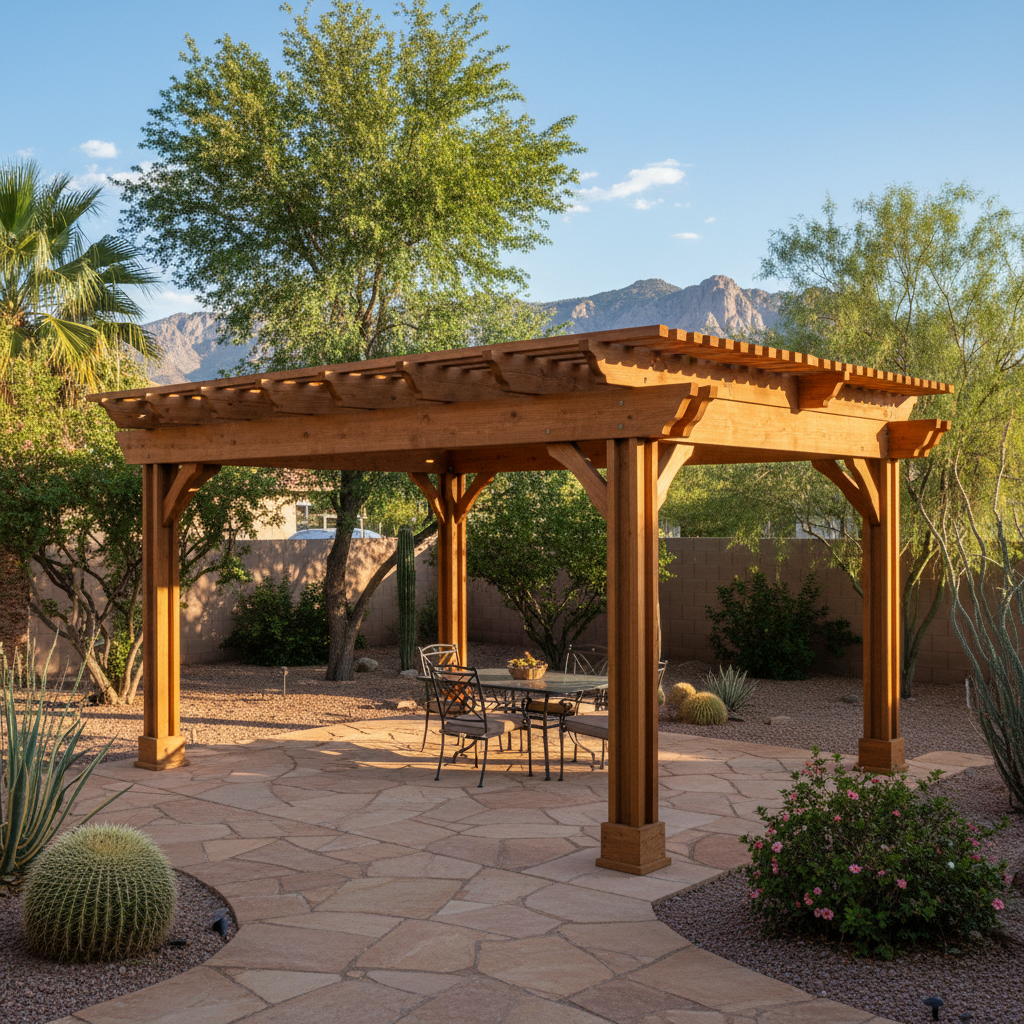 Completed pergola construction work at a residential property in Apache Junction, AZ