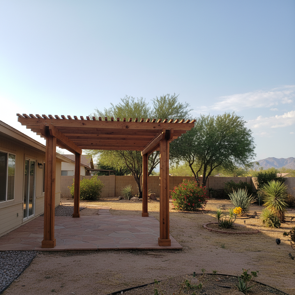 Completed pergola construction work at a residential property in Apache Junction, AZ