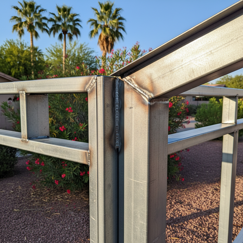 Completed metal frame sheds work at a residential property in Mesa, AZ