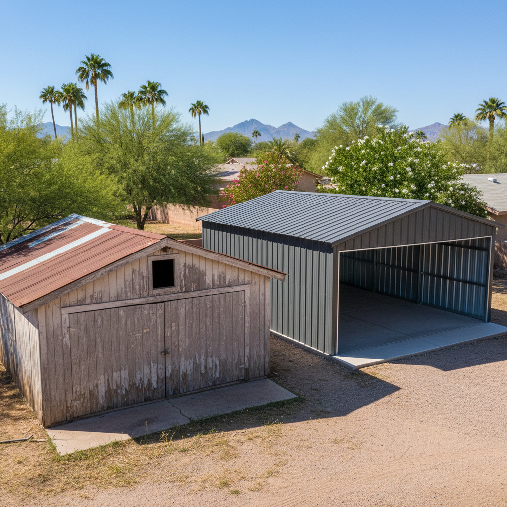 Completed metal frame garages work at a residential property in Mesa, AZ