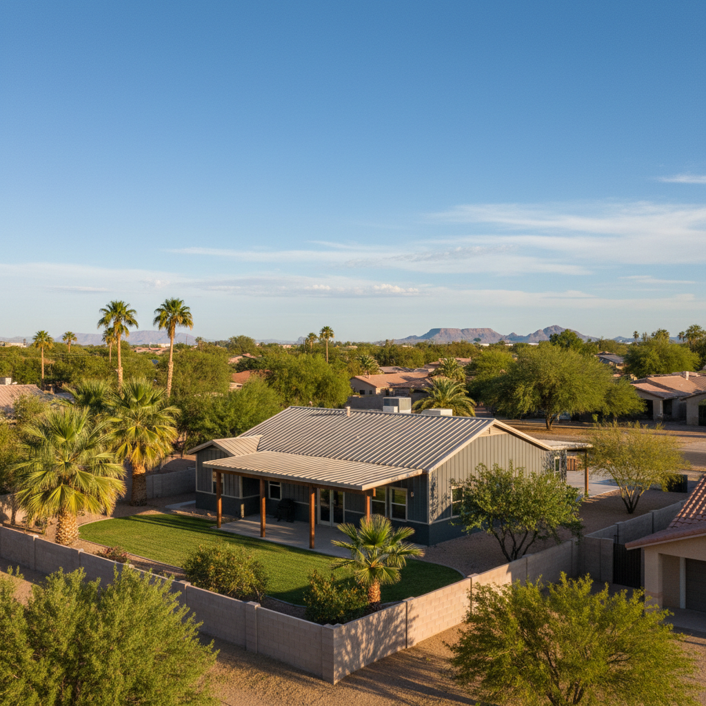 Completed metal post frame construction work at a residential property in Mesa, AZ