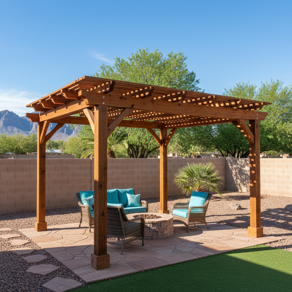 Completed pergola construction work at a residential property in Apache Junction, AZ
