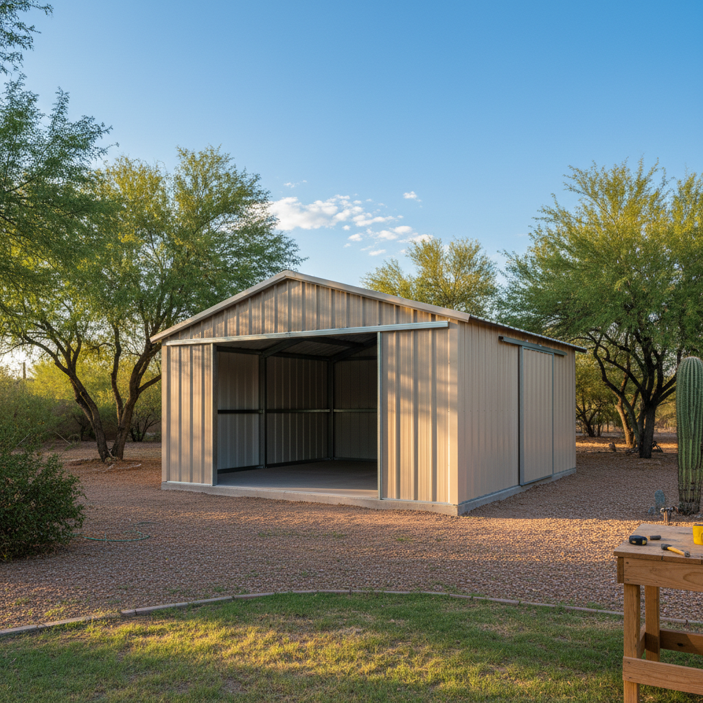 Completed metal frame sheds work at a residential property in Mesa, AZ