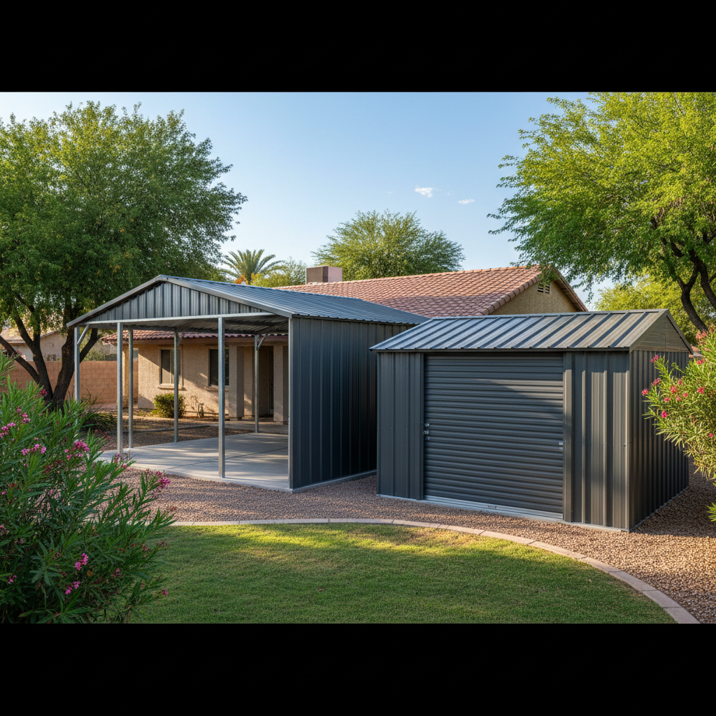 Completed metal frame sheds work at a residential property in Glendale, AZ
