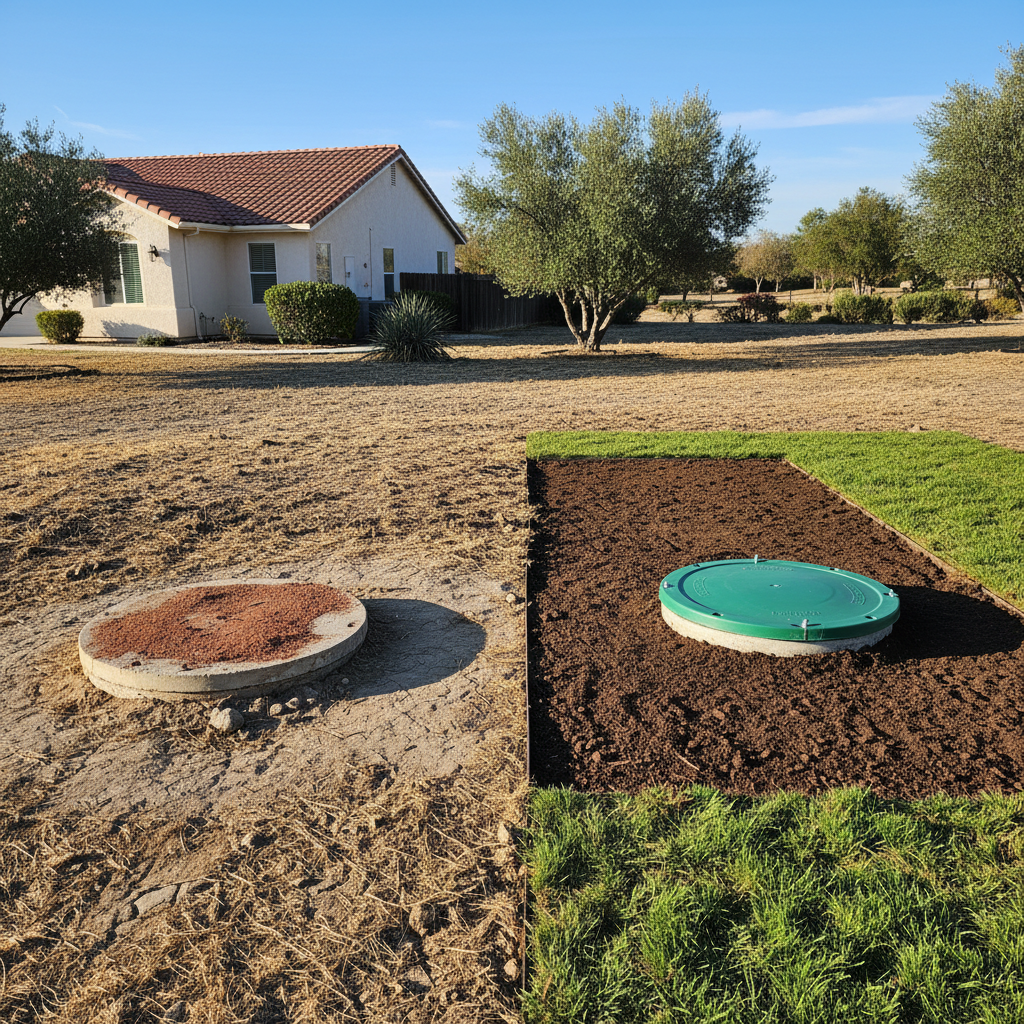 Completed septic tank pumping work at a residential property in Fresno, CA