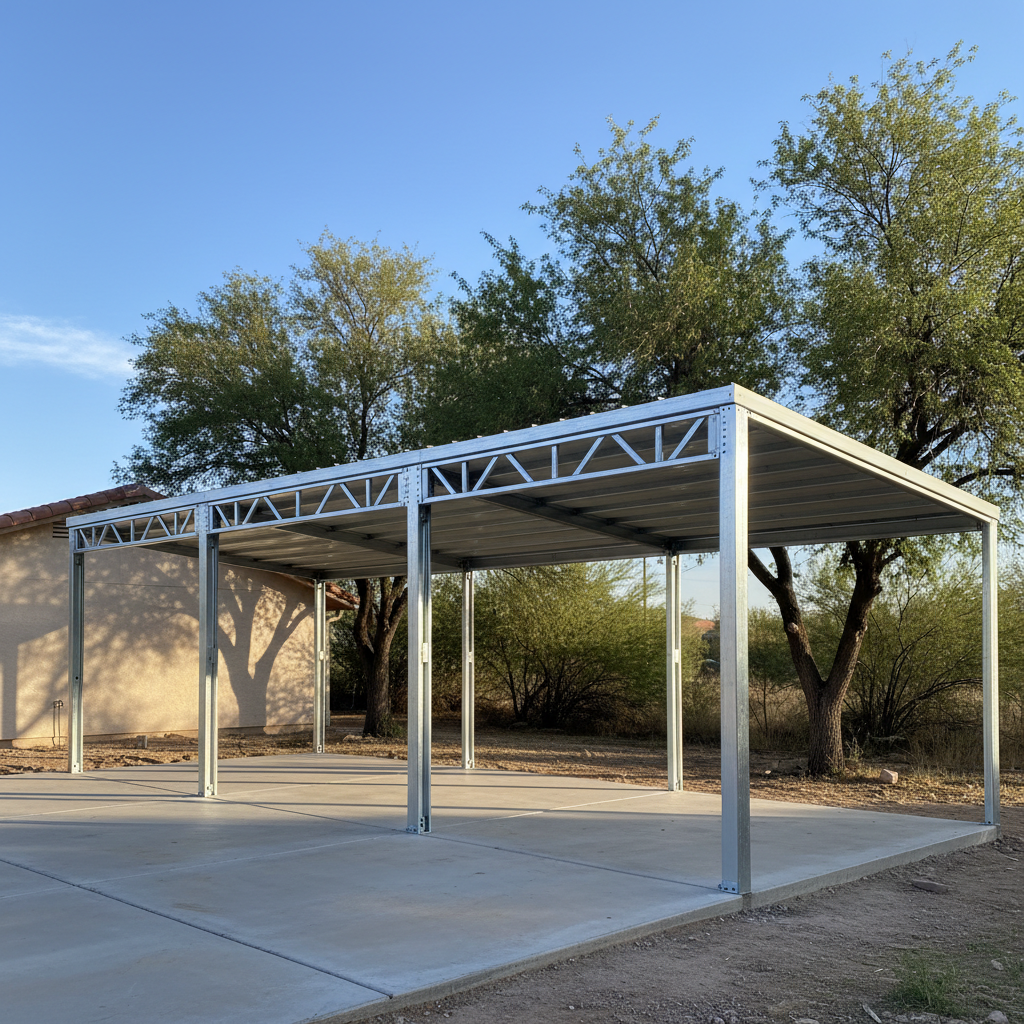 Completed metal frame garages work at a residential property in Marana, AZ