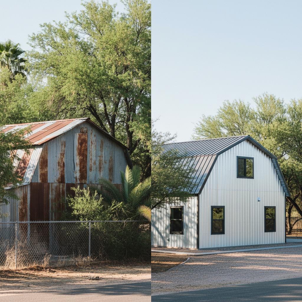 Completed metal barndominiums work at a residential property in Marana, AZ