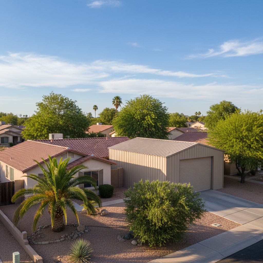 Completed metal building installation work at a residential property in Peoria, AZ