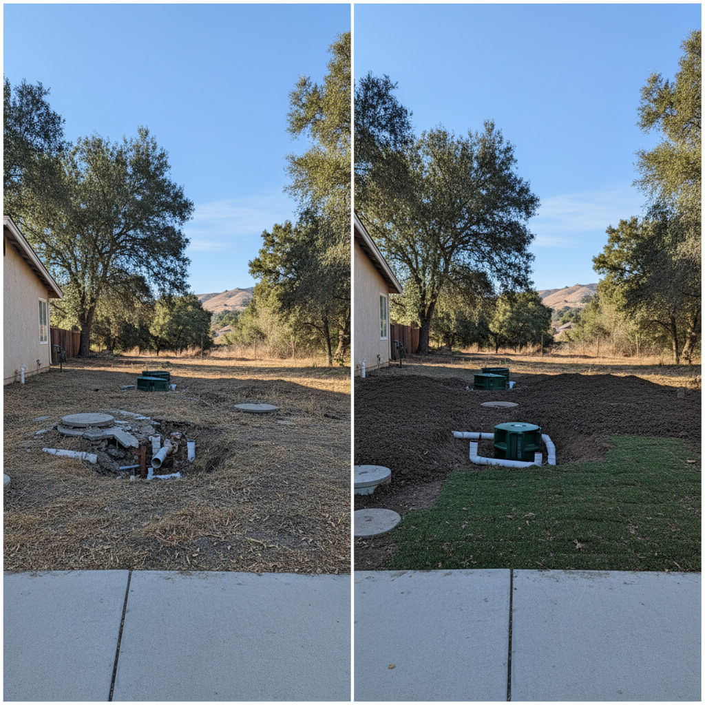 Completed septic system installation work at a residential property in Fresno, CA