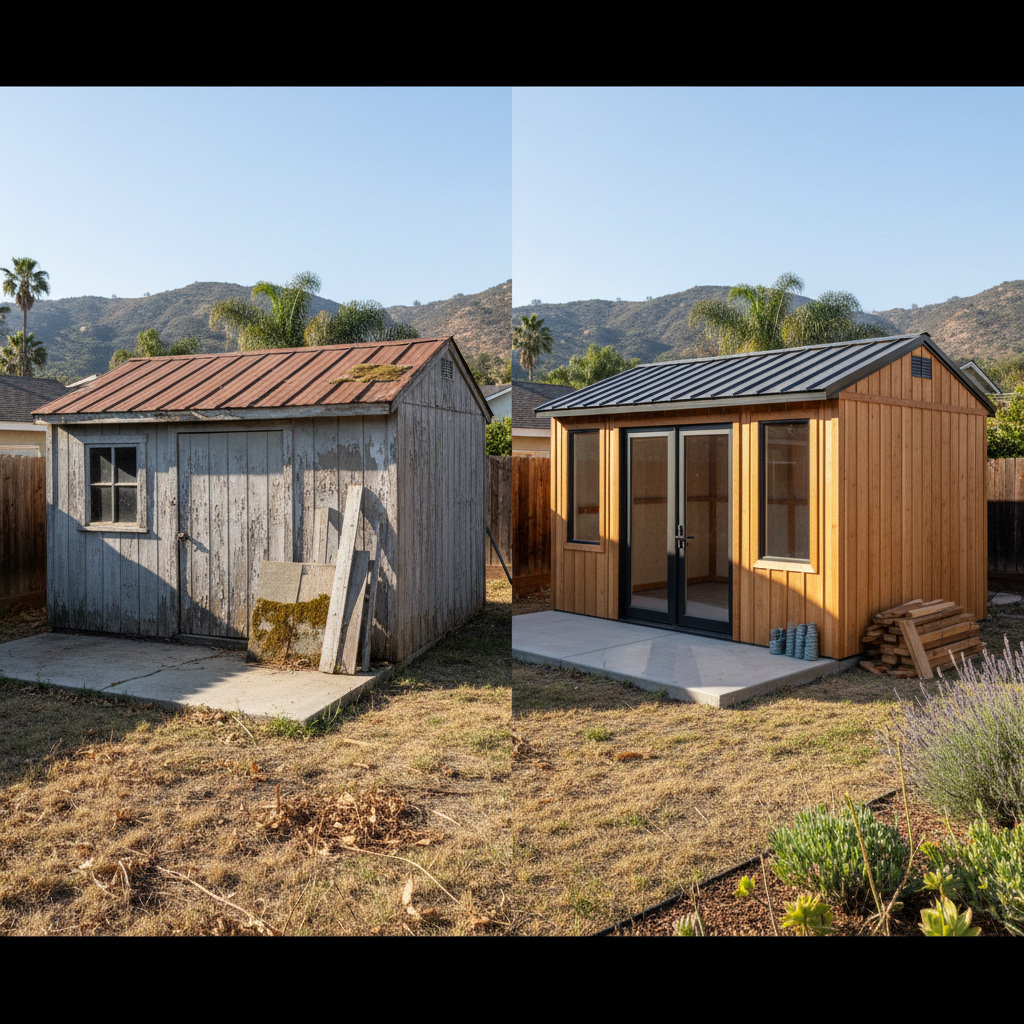 Completed shed delivery and installation work at a residential property in Pomona, CA