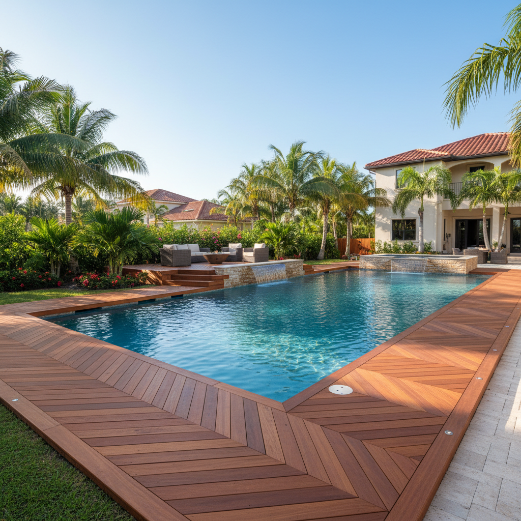 Completed pool decks work at a residential property in West Palm Beach, FL