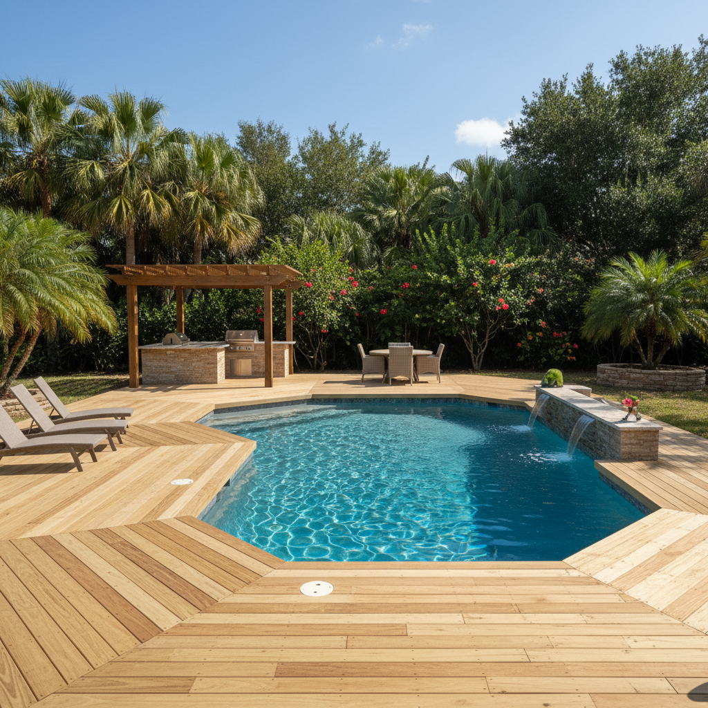 Completed pool decks work at a residential property in West Palm Beach, FL
