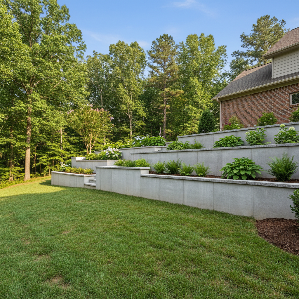 Completed concrete retaining walls work at a residential property in Lenoir, NC