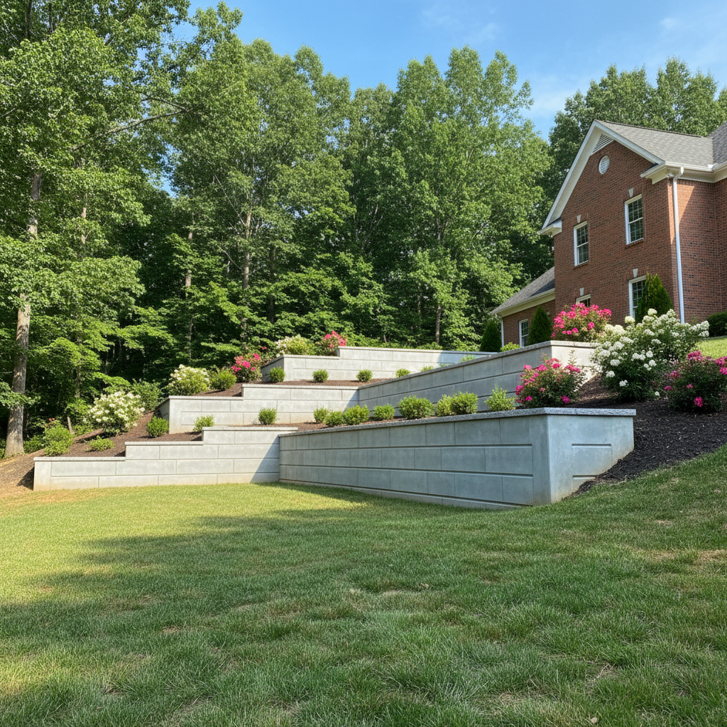 Completed concrete retaining walls work at a residential property in Lenoir, NC