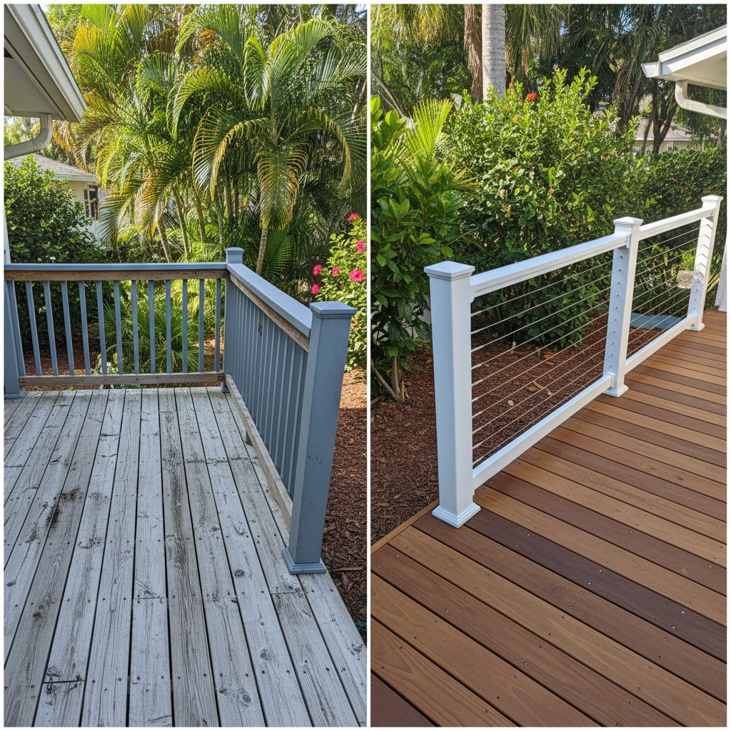 Completed deck railing installation work at a residential property in West Palm Beach, FL