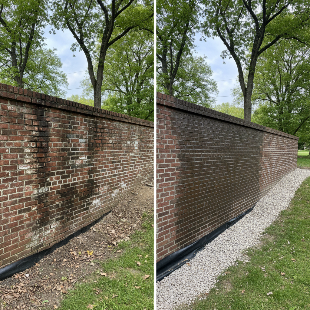 Completed masonry waterproofing work at a residential property in Newton, MA
