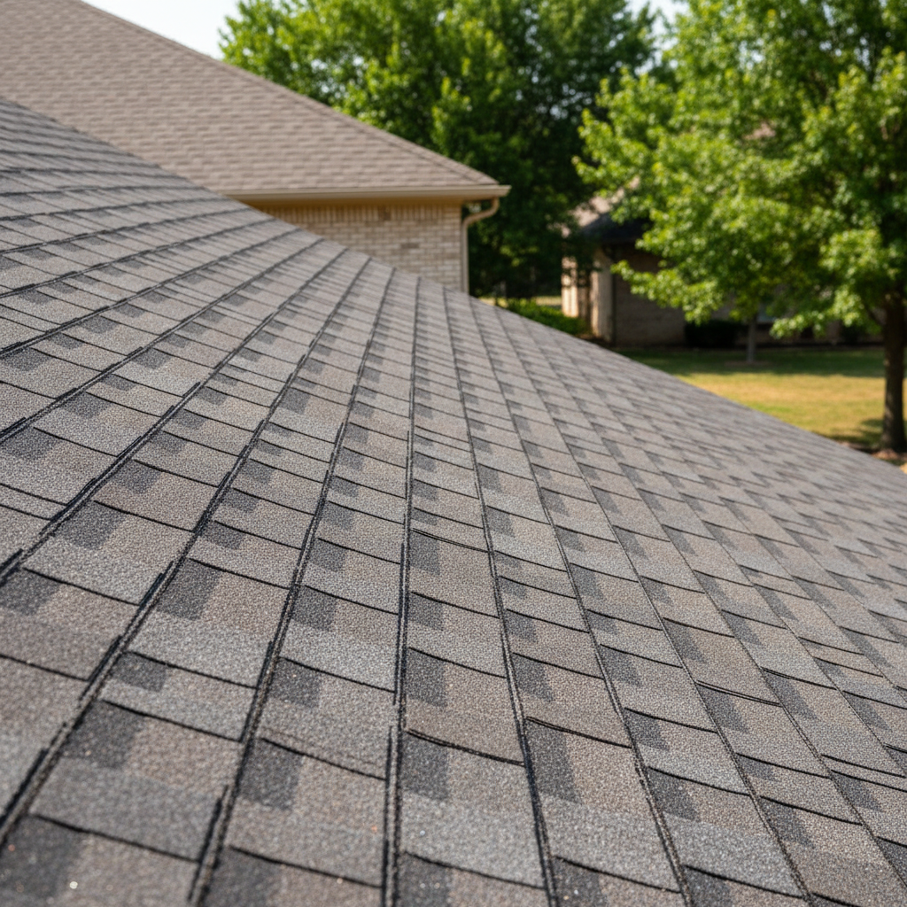 Completed asphalt shingle roofing work at a residential property in Moore, OK