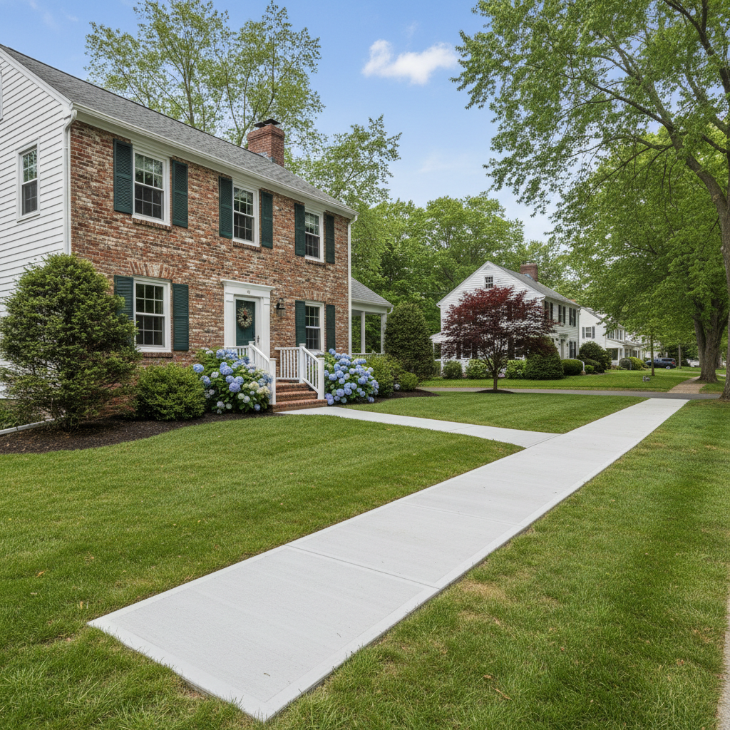 Completed concrete sidewalks work at a residential property in Bristol, RI