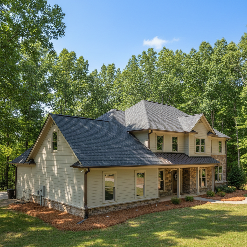 Completed asphalt shingle roofing work at a residential property in Wake Forest, NC