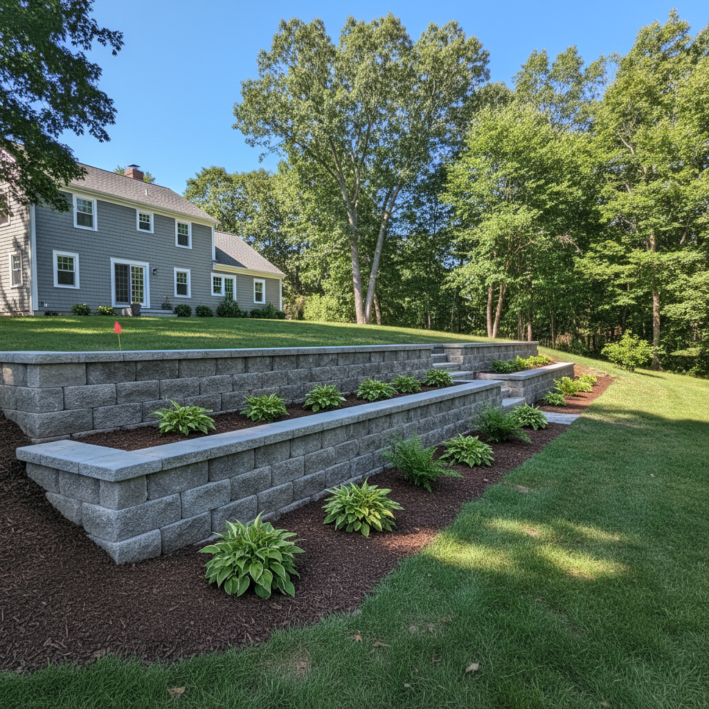 Completed concrete retaining walls work at a residential property in East Greenwich, RI