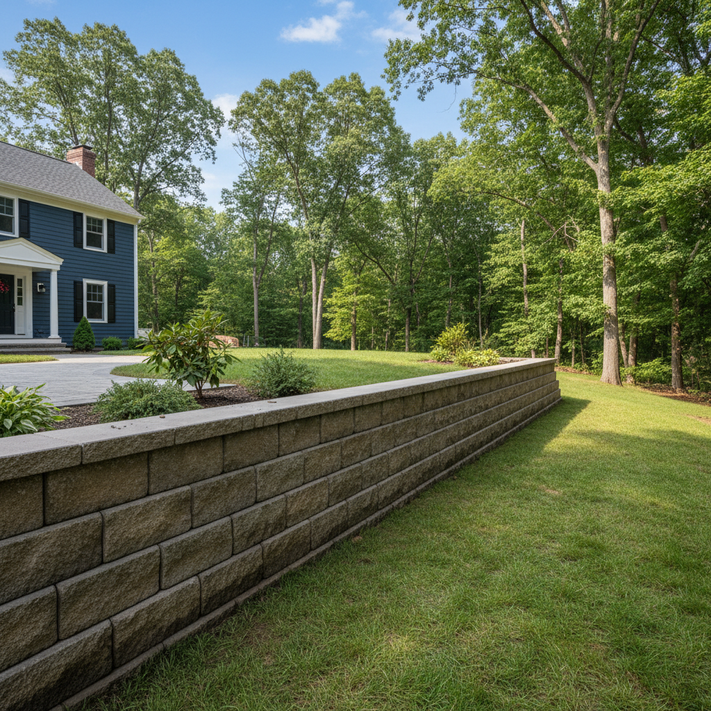 Completed concrete retaining walls work at a residential property in East Greenwich, RI