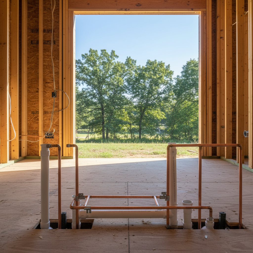 Completed plumbing rough-in work at a residential property in Jenks, OK