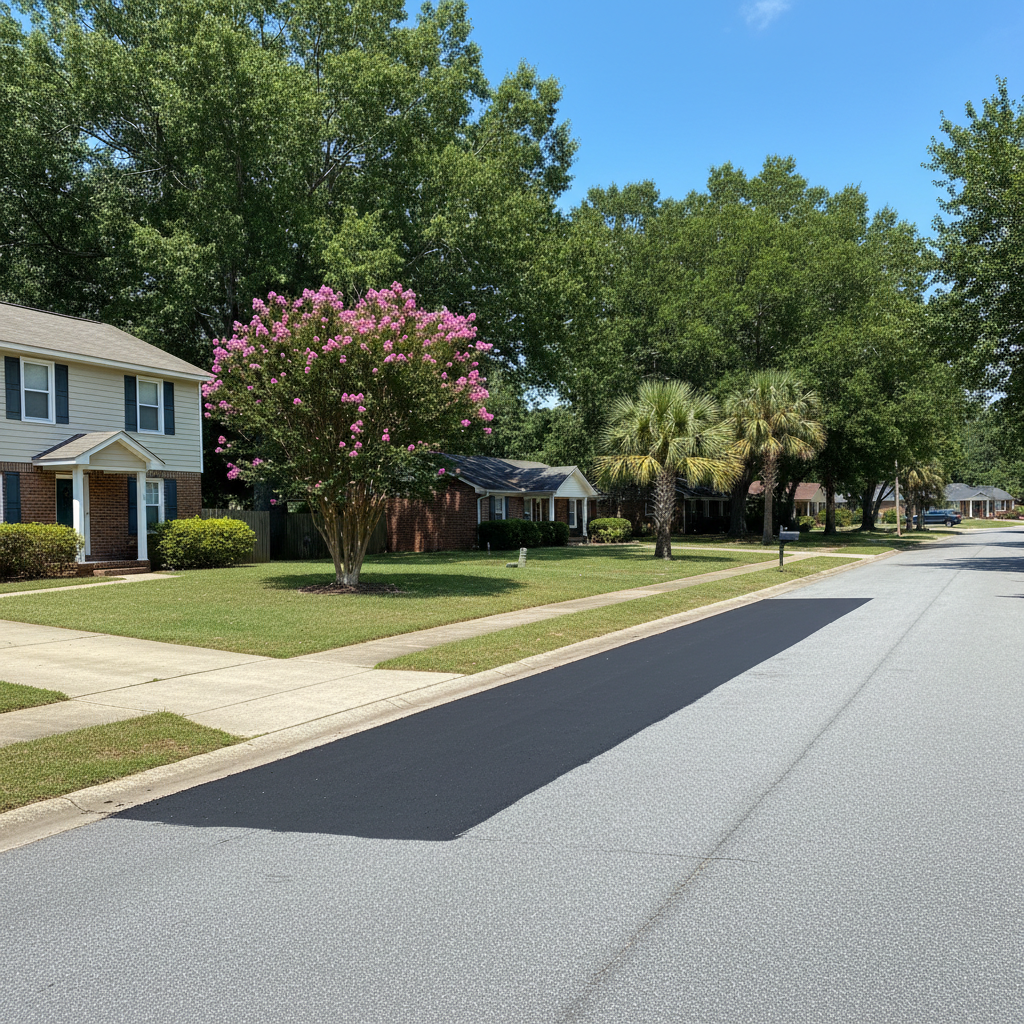 Completed asphalt patching work at a residential property in Gaston, SC