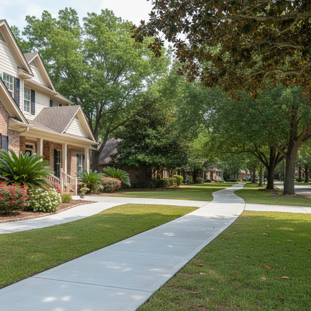 Completed concrete sidewalks work at a residential property in Mobile, AL