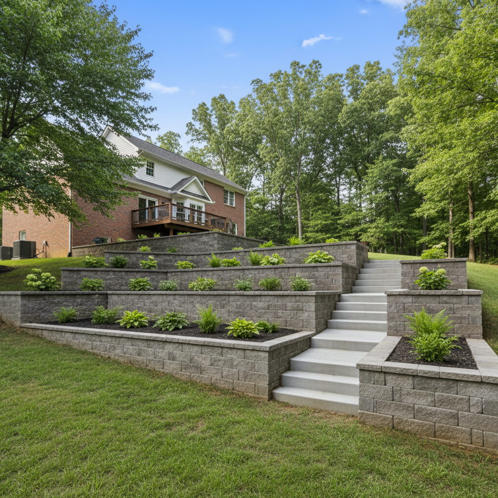 Completed concrete retaining walls work at a residential property in Rogersville, TN