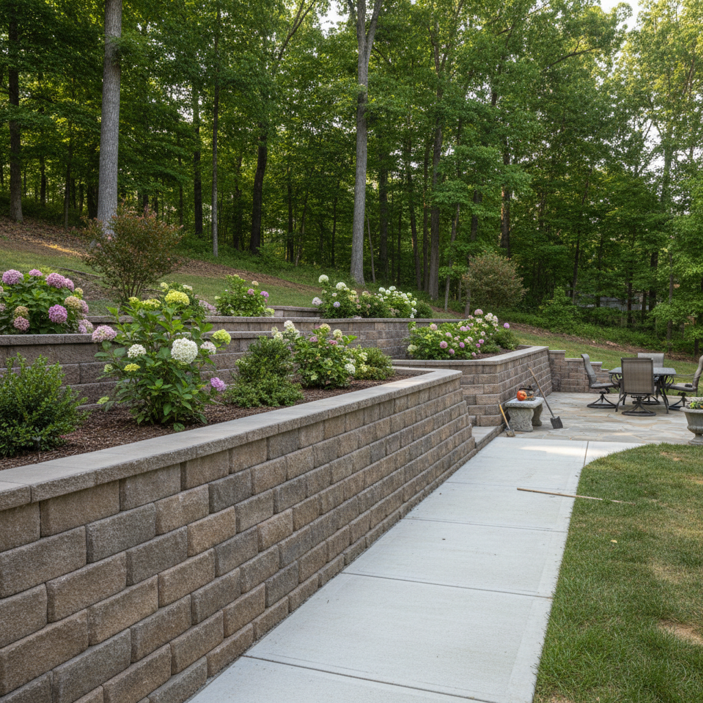 Completed concrete retaining walls work at a residential property in Rogersville, TN