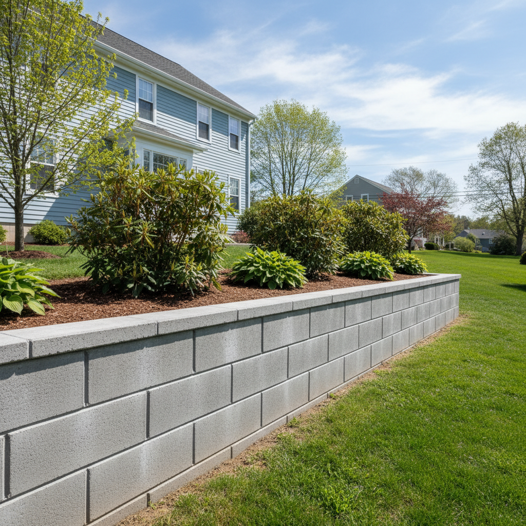 Completed concrete retaining walls work at a residential property in Cranston, RI