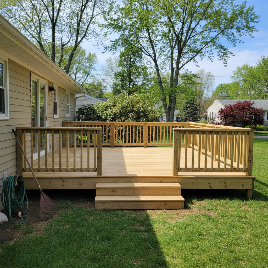 Completed wooden decks work at a residential property in Cranston, RI