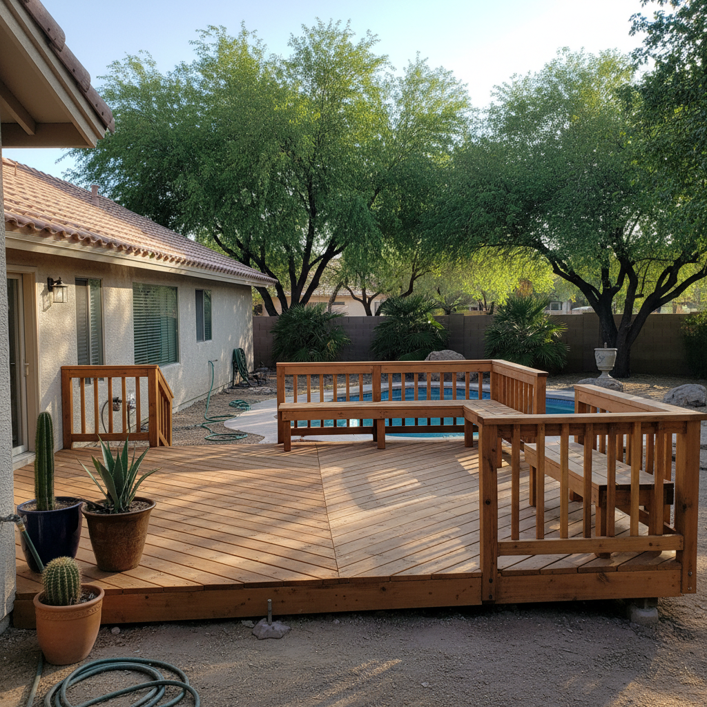 Completed wooden decks work at a residential property in Tempe, AZ