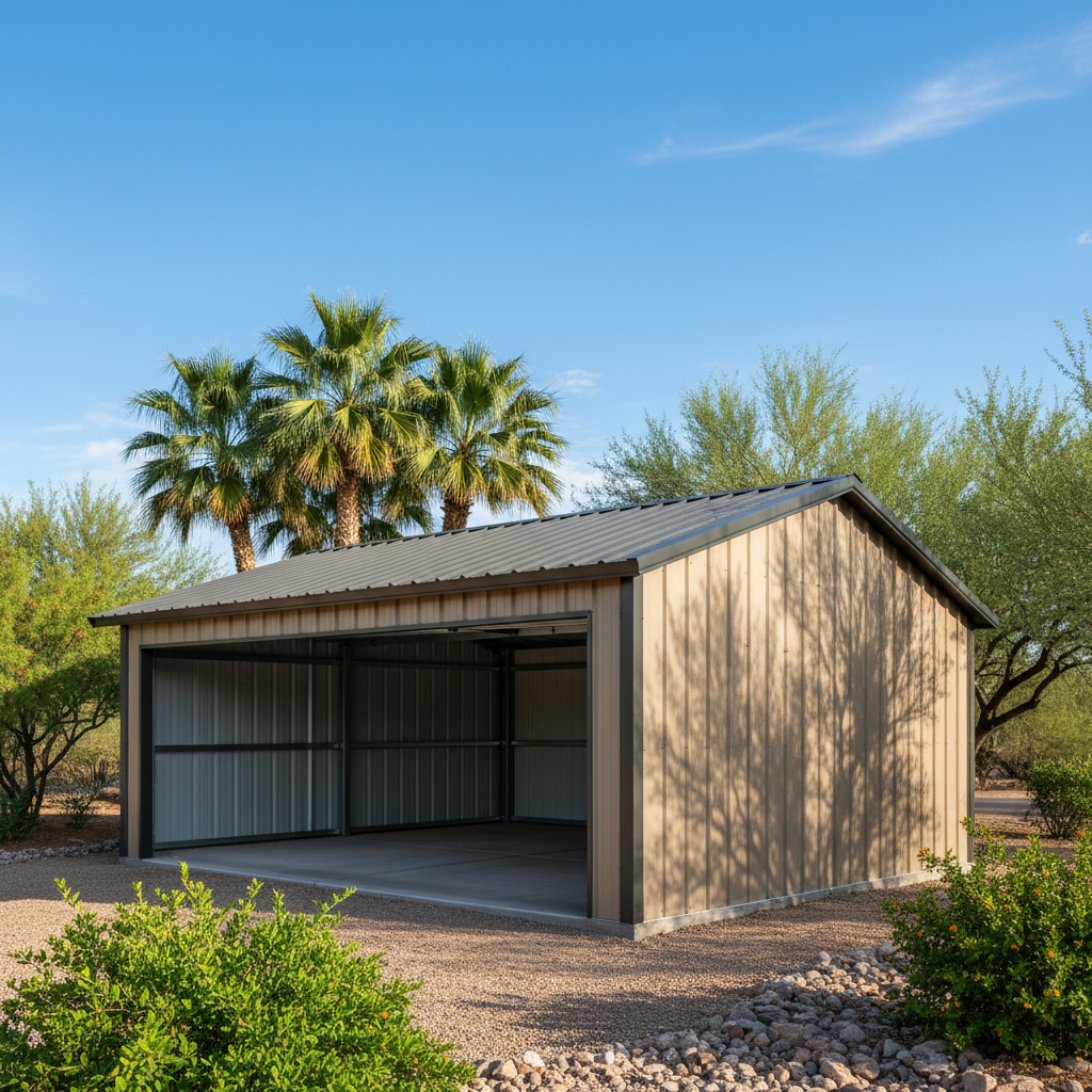 Completed metal frame garages work at a residential property in Apache Junction, AZ
