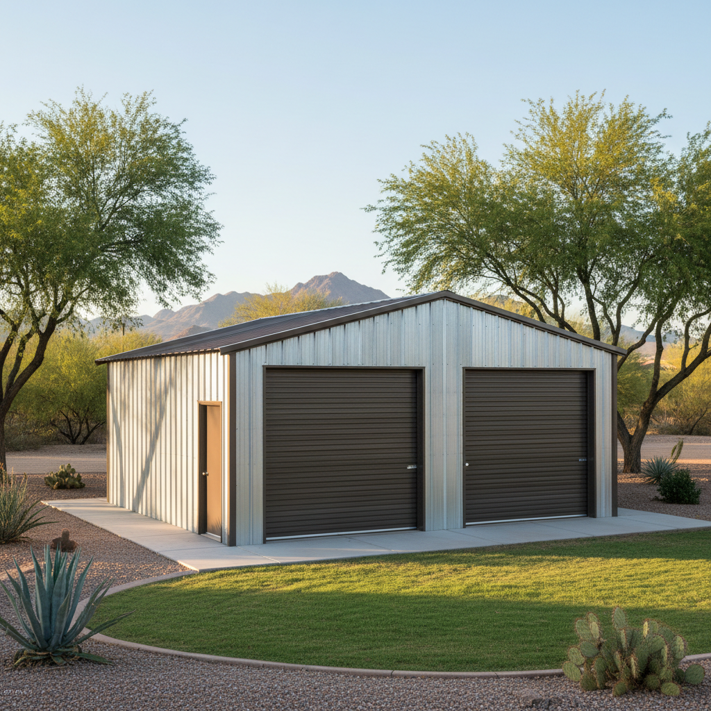 Completed metal frame garages work at a residential property in Avondale, AZ