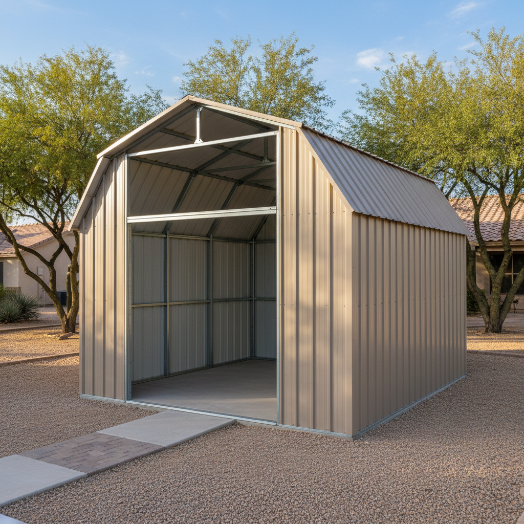 Completed metal frame sheds work at a residential property in Avondale, AZ