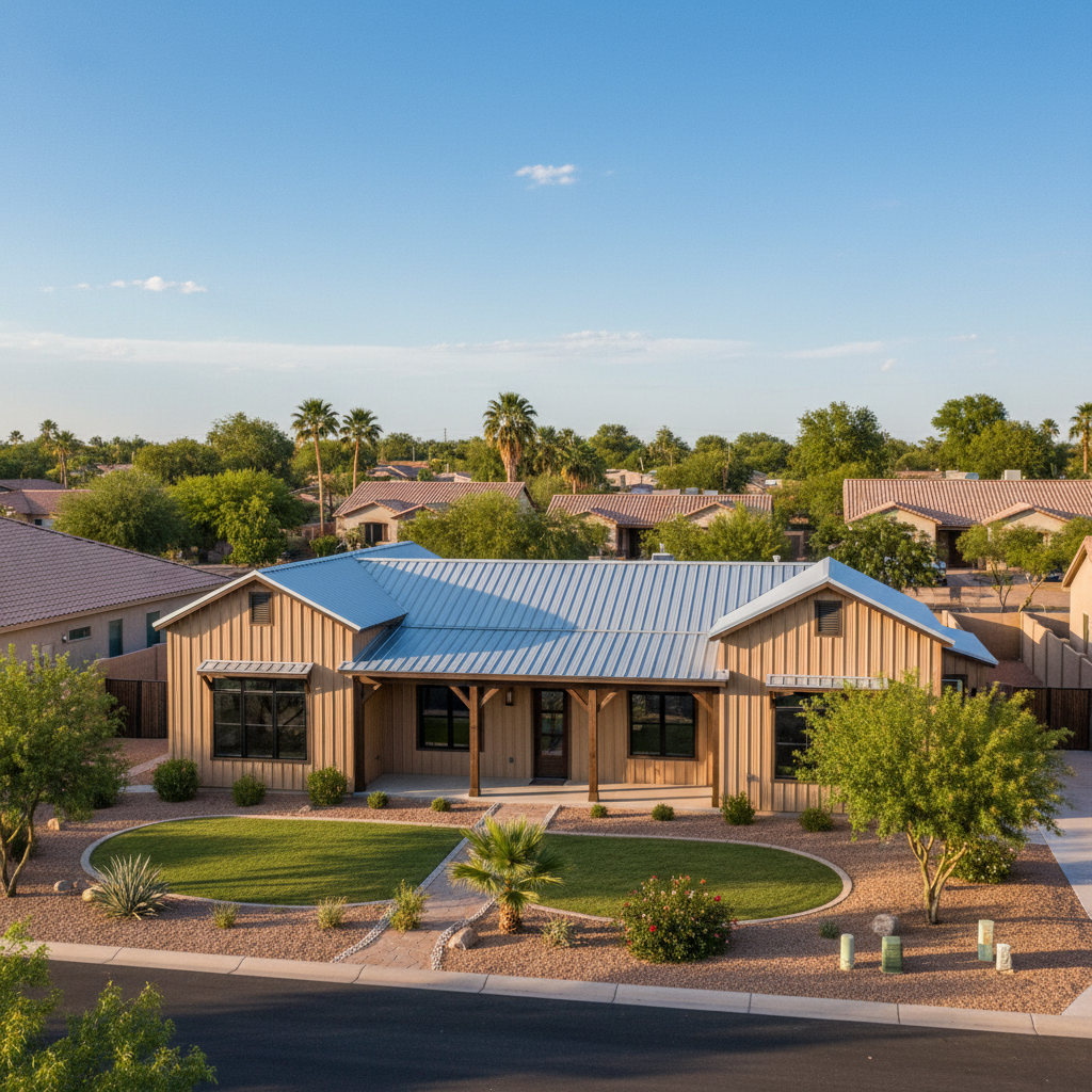 Completed metal barndominiums work at a residential property in Chandler, AZ