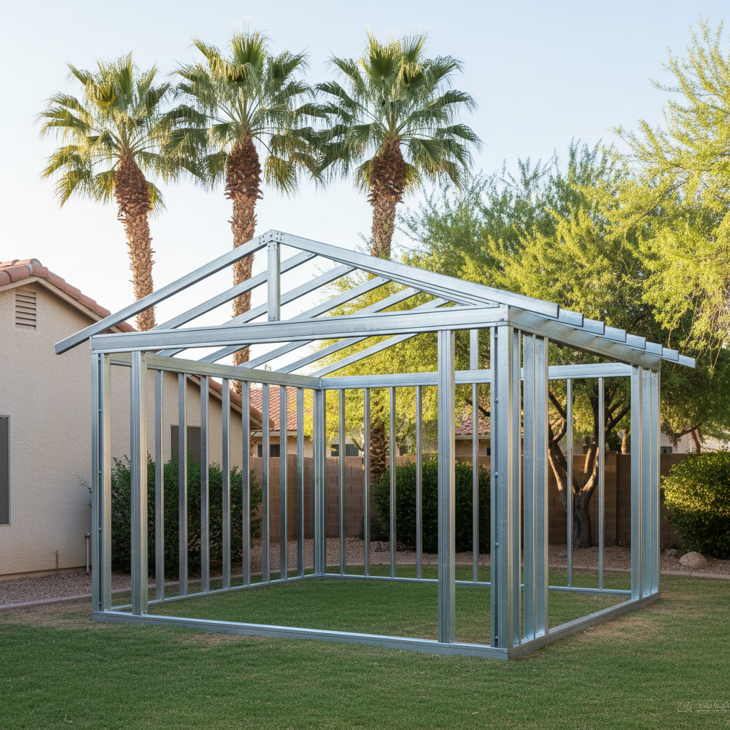 Completed metal frame sheds work at a residential property in Chandler, AZ