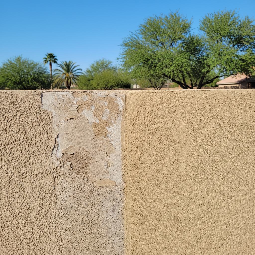 Completed stucco repair work at a residential property in Queen Creek, AZ