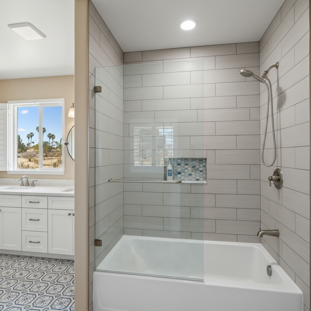Completed bathtub and shower installation work at a residential property in Bell, CA