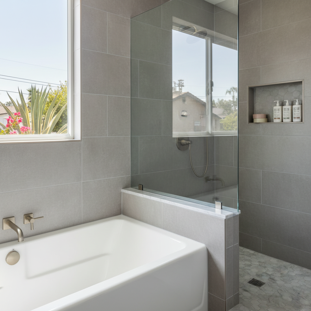 Completed bathtub and shower installation work at a residential property in Downey, CA