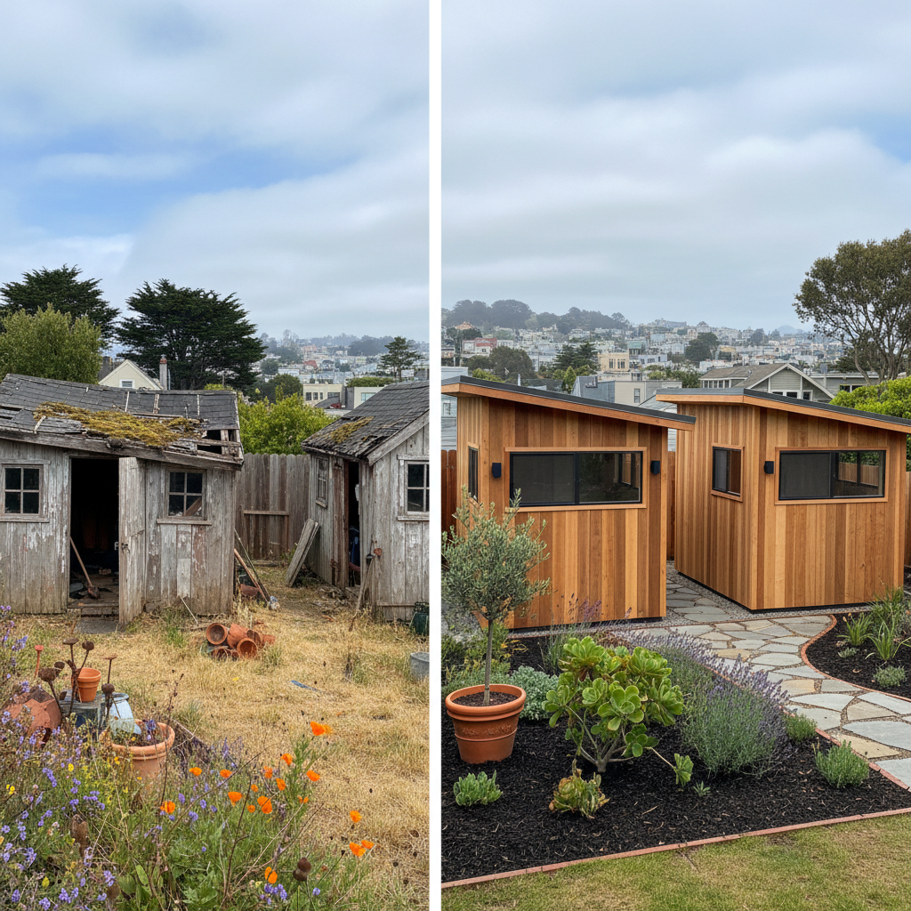 Completed garden sheds work at a residential property in San Francisco, CA