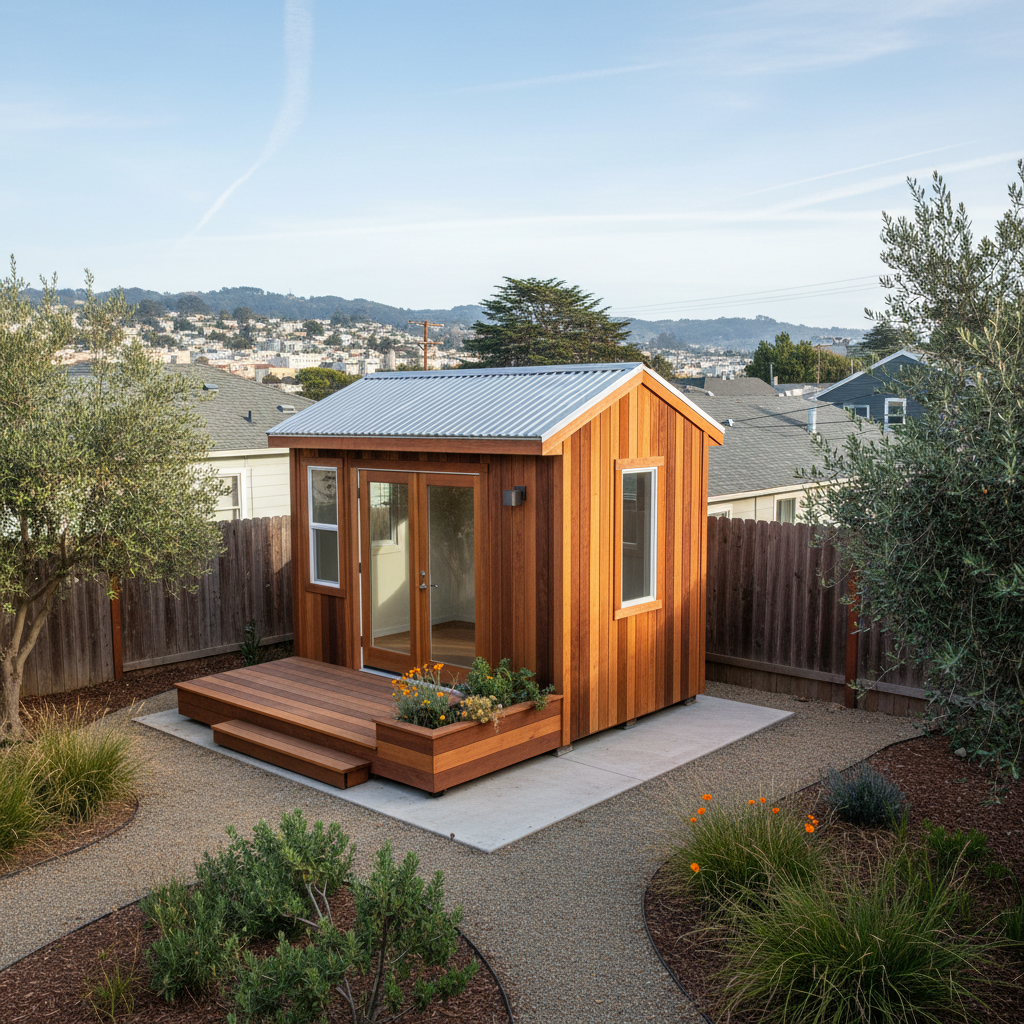 Completed tiny homes work at a residential property in San Francisco, CA