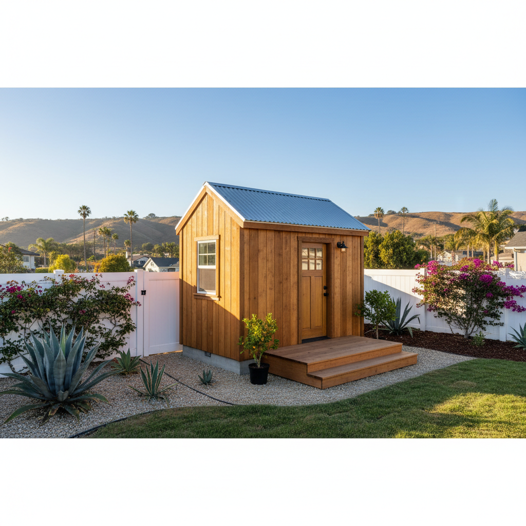 Completed tiny homes work at a residential property in Oceanside, CA
