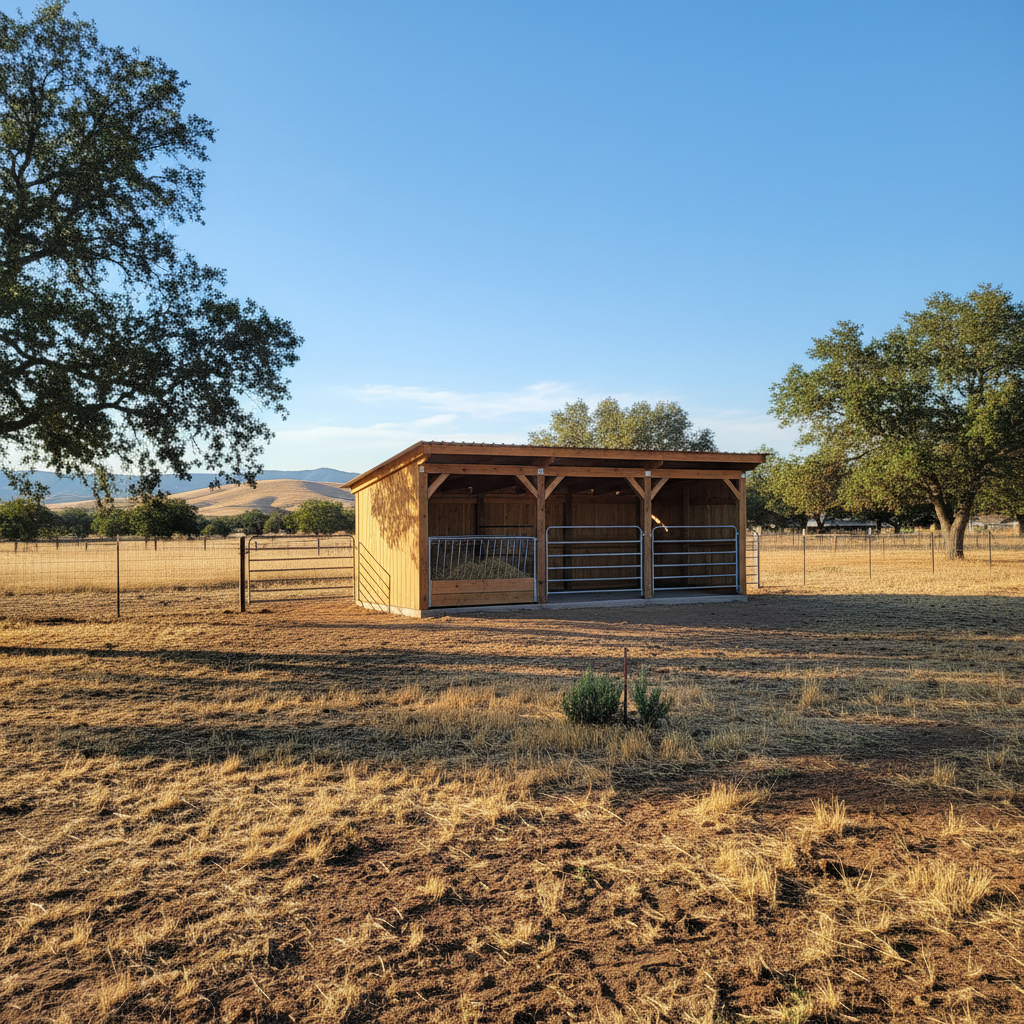 Completed livestock shelters work at a residential property in Oakdale, CA