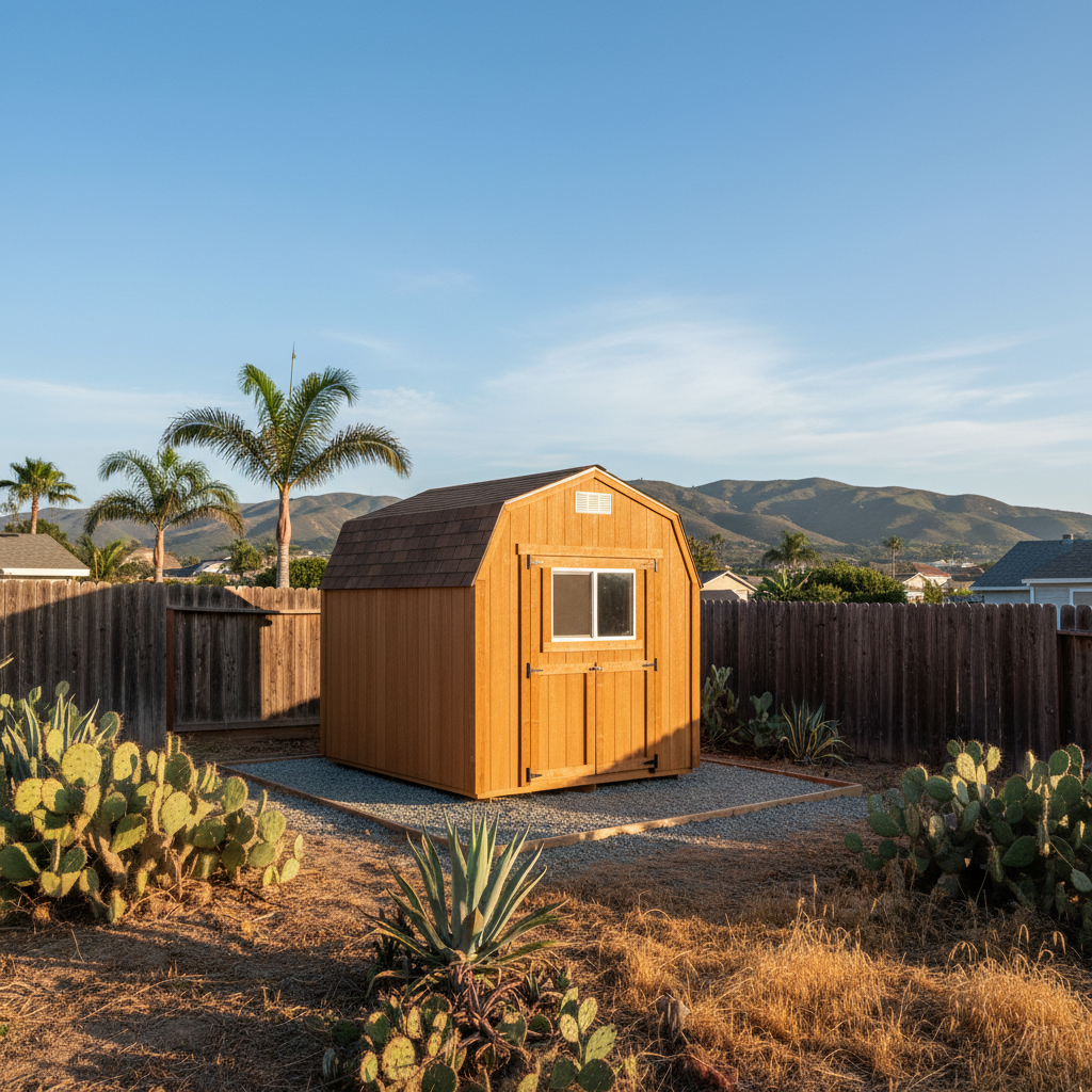 Completed shed delivery and installation work at a residential property in Oceanside, CA