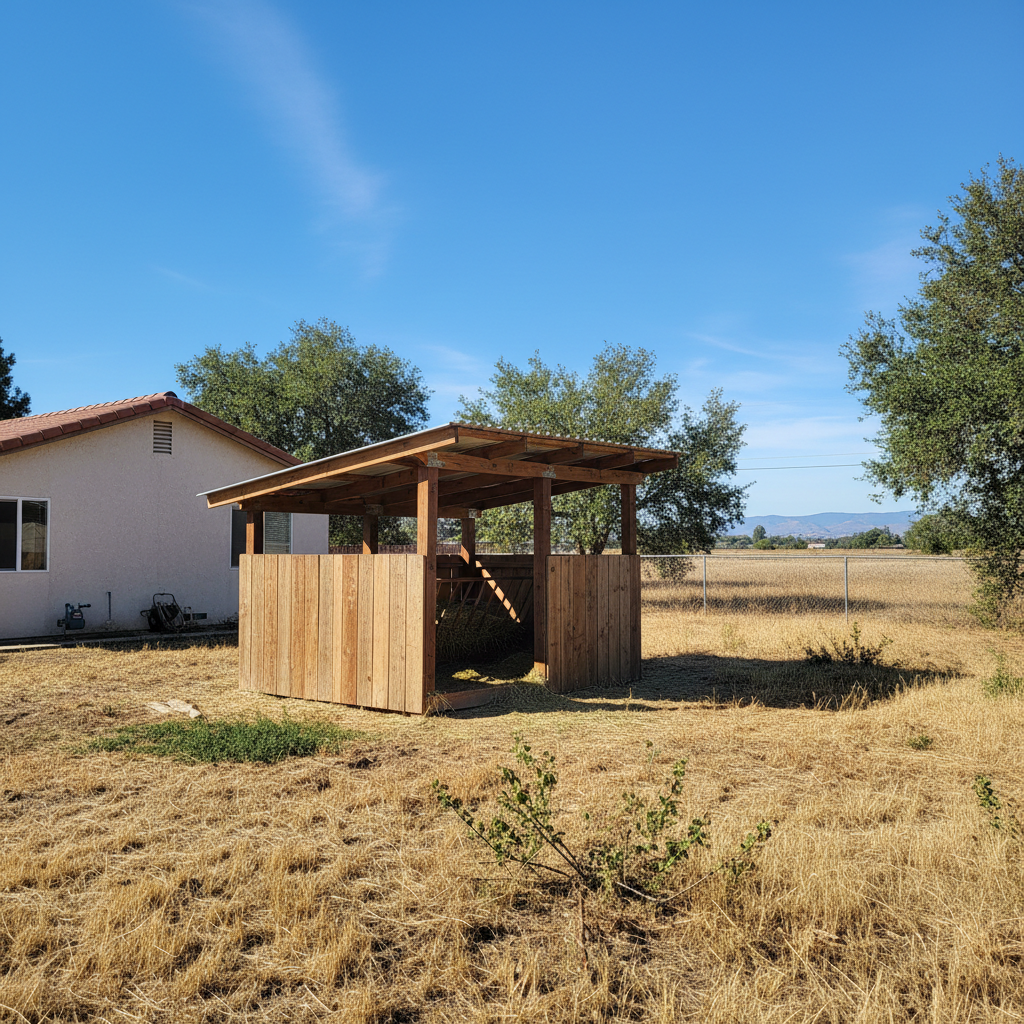 Completed livestock shelters work at a residential property in Tracy, CA