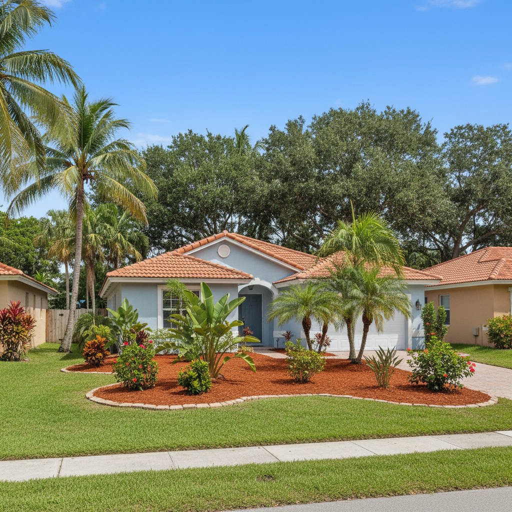 Completed mulch installation work at a residential property in Hialeah, FL