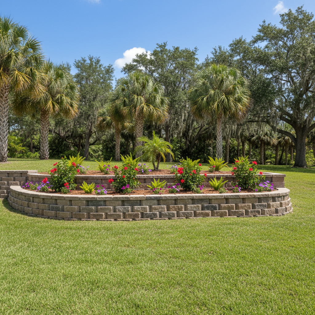 Completed retaining wall construction work at a residential property in Hialeah, FL