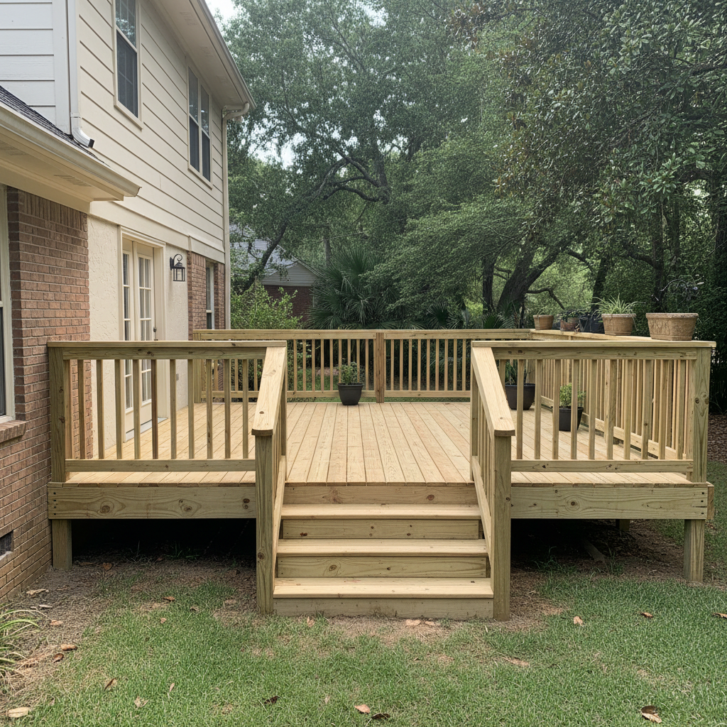 Completed deck construction work at a residential property in Savannah, GA